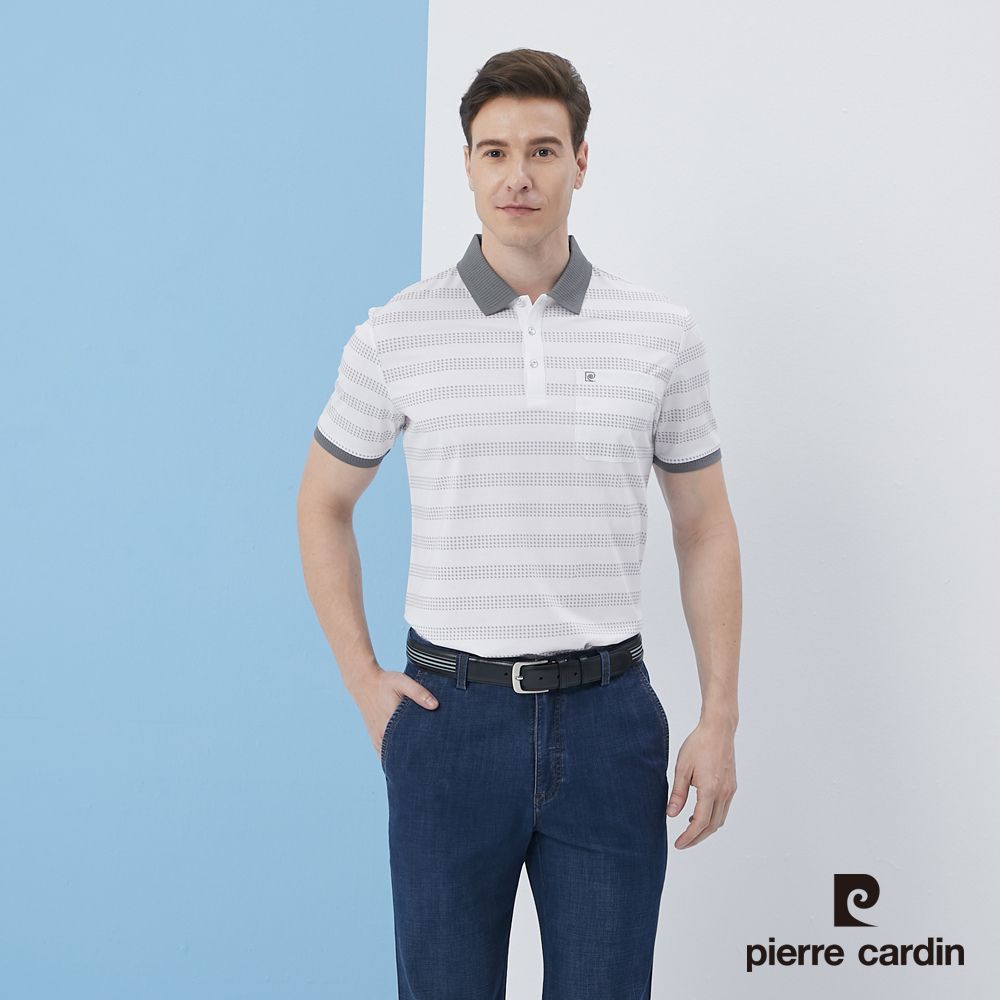 Pierre Cardin 皮爾卡登  男裝橫條印花短袖POLO衫-白色 (5217212-90)