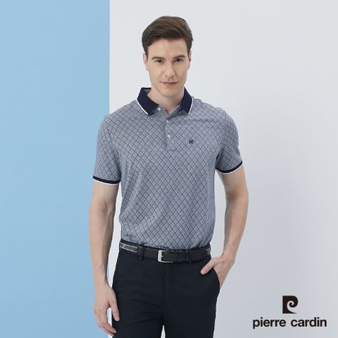 Pierre Cardin 皮爾卡登 男裝雙色交織印菱形格短袖POLO衫-丈青色 (5217214-38)