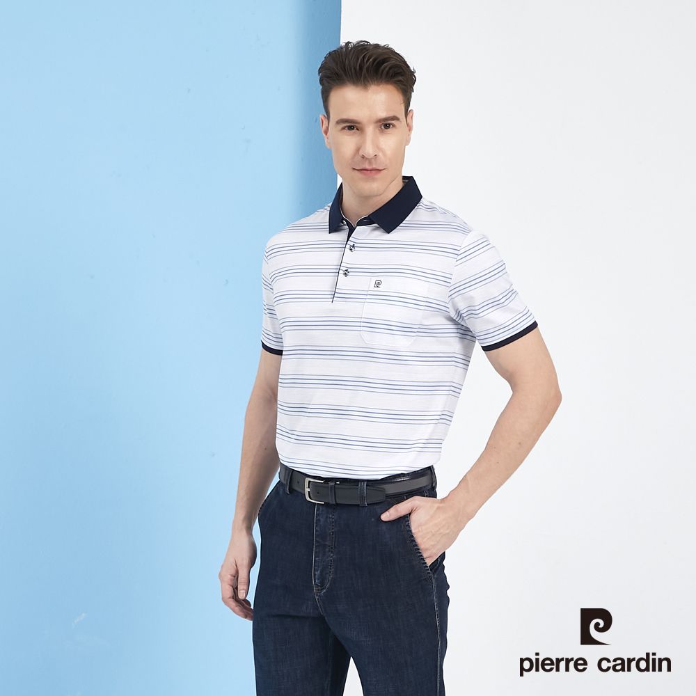 Pierre Cardin 皮爾卡登  男裝印花橫條短袖POLO衫-藍色 (5217219-35)