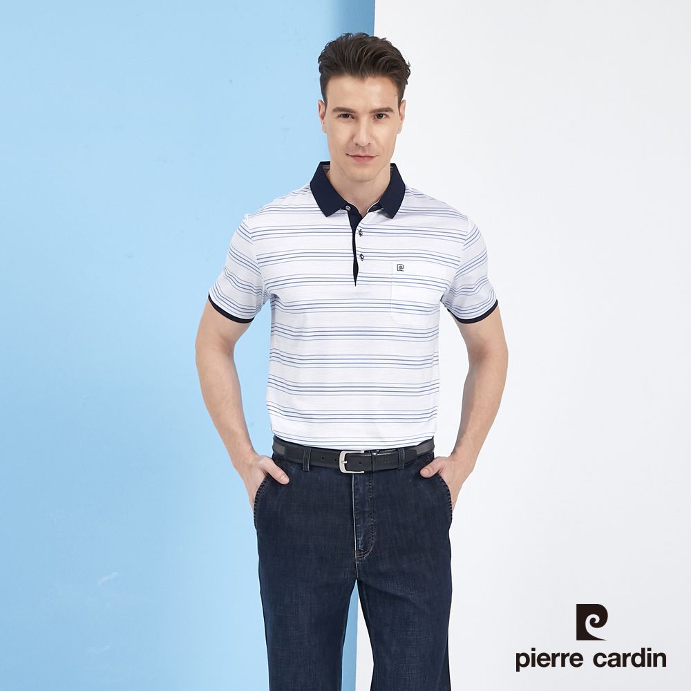 Pierre Cardin 皮爾卡登  男裝印花橫條短袖POLO衫-藍色 (5217219-35)