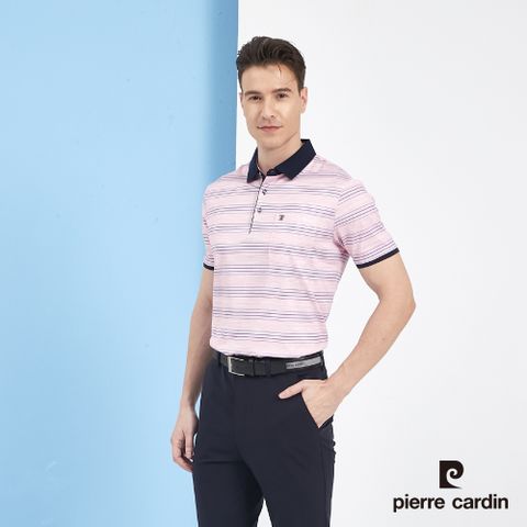 Pierre Cardin 皮爾卡登 男裝印花橫條短袖POLO衫-粉紅色 (5217219-75)