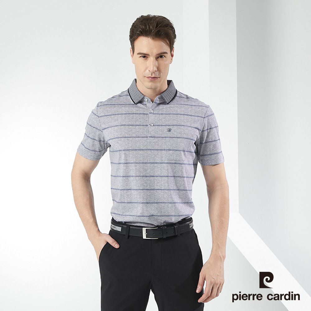 Pierre Cardin 皮爾卡登  男裝印花橫條短袖POLO衫-灰色 (5217217-95)