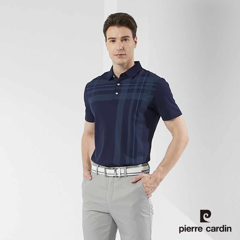 Pierre Cardin 皮爾卡登  男裝網眼印大定位格短袖POLO衫-深藍色 (5217265-38)