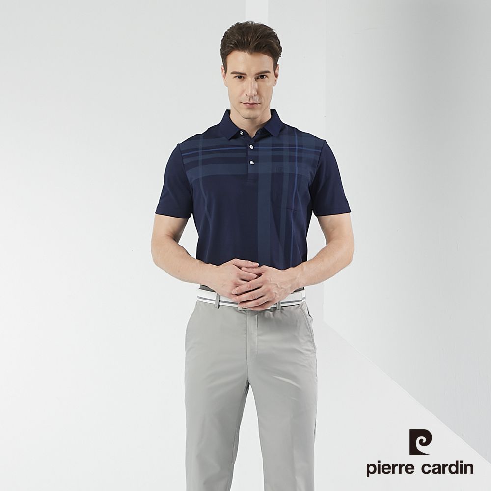 Pierre Cardin 皮爾卡登  男裝網眼印大定位格短袖POLO衫-深藍色 (5217265-38)