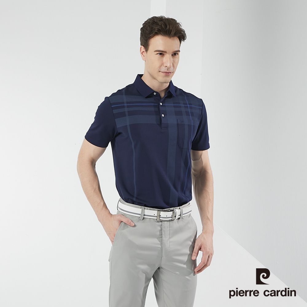 Pierre Cardin 皮爾卡登  男裝網眼印大定位格短袖POLO衫-深藍色 (5217265-38)