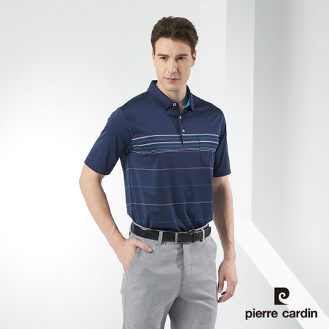 Pierre Cardin 皮爾卡登 男裝吸濕排汗定位橫條短袖polo衫-深藍色 (5217292-38)