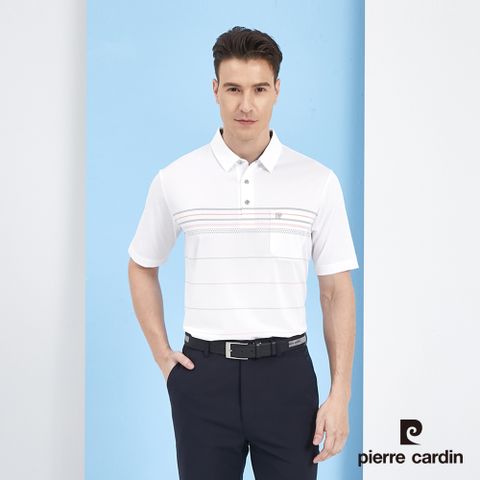 Pierre Cardin 皮爾卡登 男裝吸濕排汗定位橫條短袖polo衫-白色 (5217292-90)