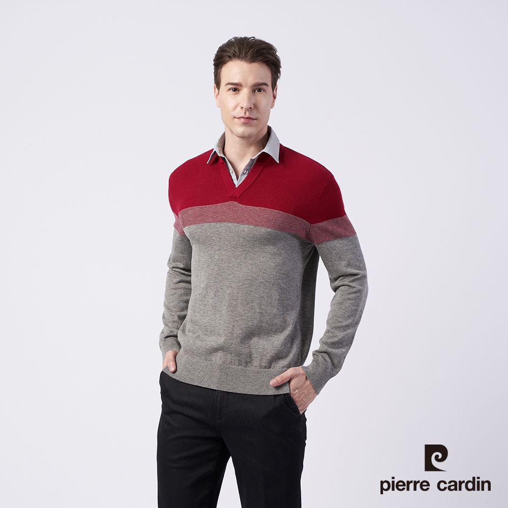 Pierre Cardin 皮爾卡登 男款 羊毛混紡定位條襯衫領條假兩件穿毛衣--灰色 (5215471-96)