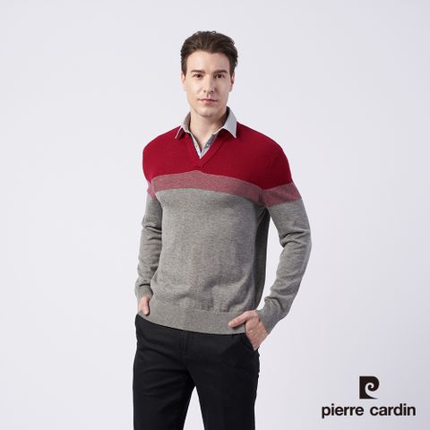 Pierre Cardin 皮爾卡登 男款 羊毛混紡定位條襯衫領條假兩件穿毛衣--灰色 (5215471-96)