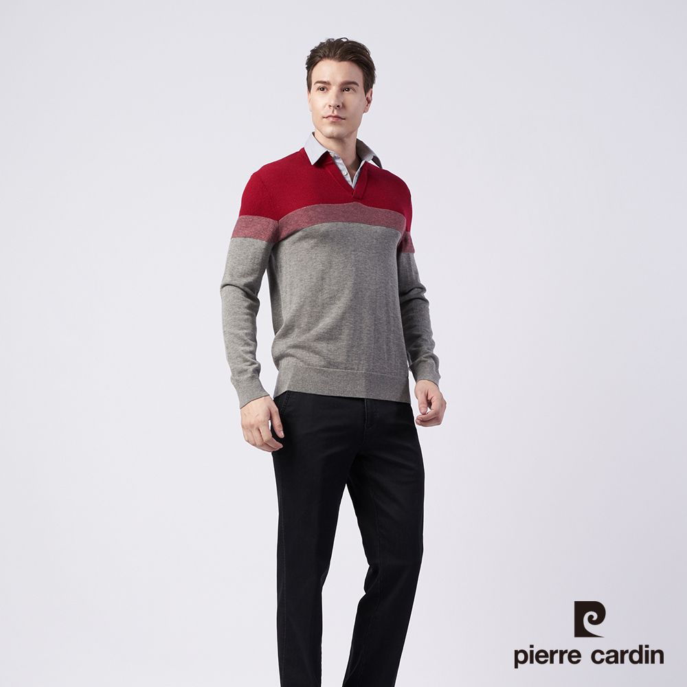 Pierre Cardin 皮爾卡登 男款 羊毛混紡定位條襯衫領條假兩件穿毛衣--灰色 (5215471-96)