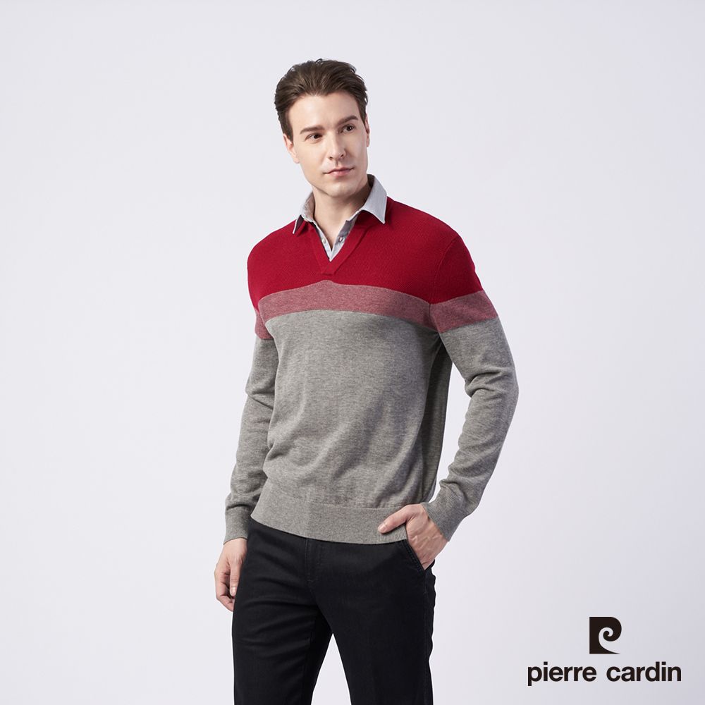 Pierre Cardin 皮爾卡登 男款 羊毛混紡定位條襯衫領條假兩件穿毛衣--灰色 (5215471-96)