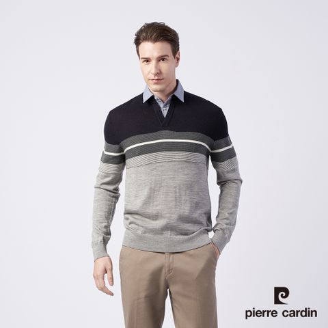 Pierre Cardin 皮爾卡登 男款 羊毛混紡定位條襯衫領條假兩件穿毛衣--灰色 (5215472-95)