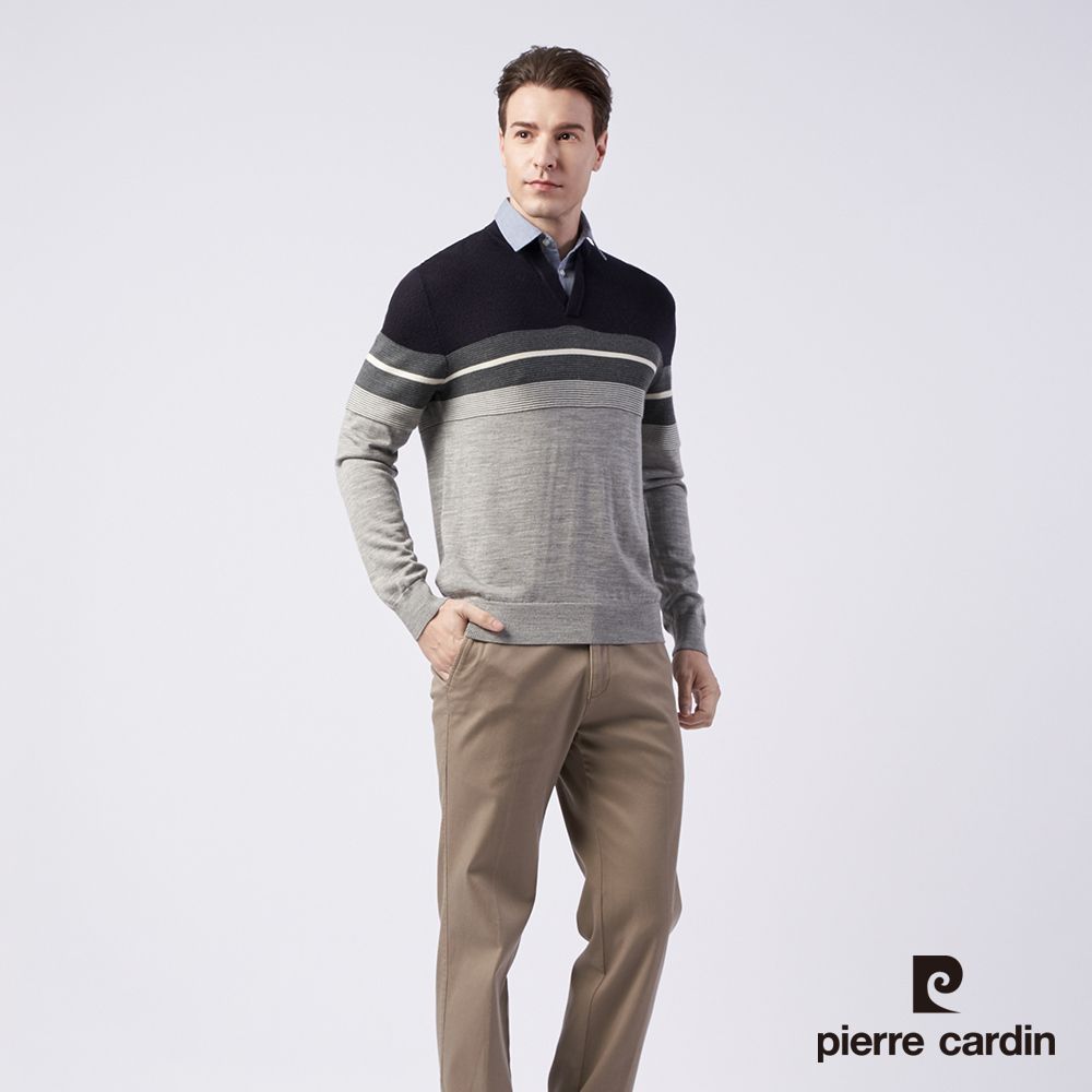 Pierre Cardin 皮爾卡登 男款 羊毛混紡定位條襯衫領條假兩件穿毛衣--灰色 (5215472-95)