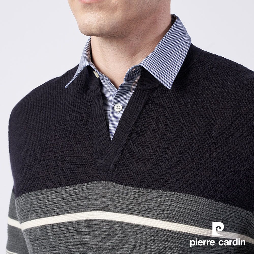 Pierre Cardin 皮爾卡登 男款 羊毛混紡定位條襯衫領條假兩件穿毛衣--灰色 (5215472-95)