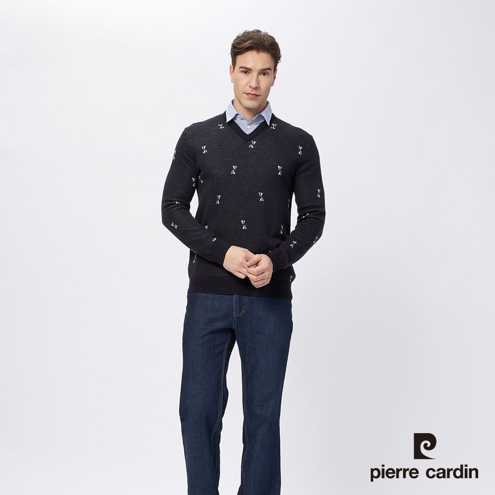 Pierre Cardin 皮爾卡登 男款 羊毛混紡緹花襯衫領假兩件穿毛衣--藍色 (5215473-38)