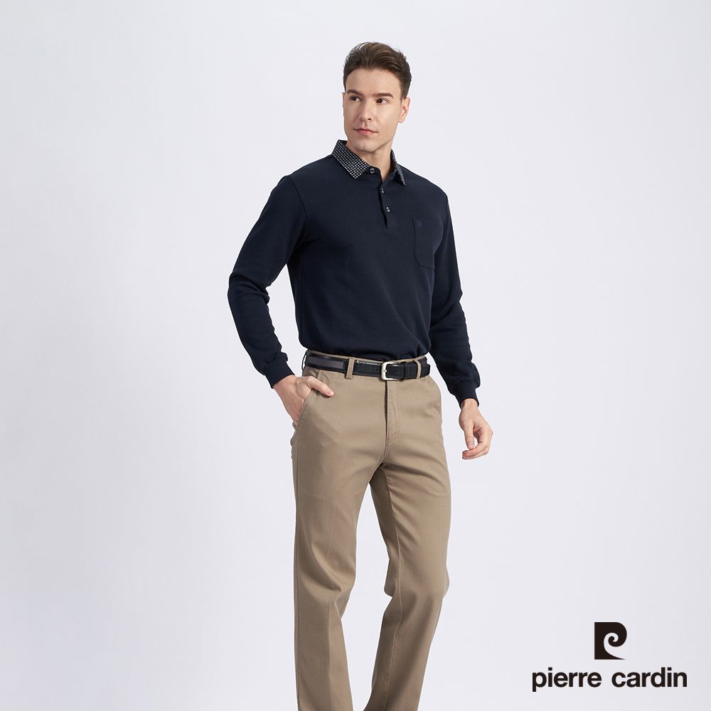 Pierre Cardin 皮爾卡登 男款 棉質混紡刷毛素色長袖POLO衫-丈青色 (5215270-39)