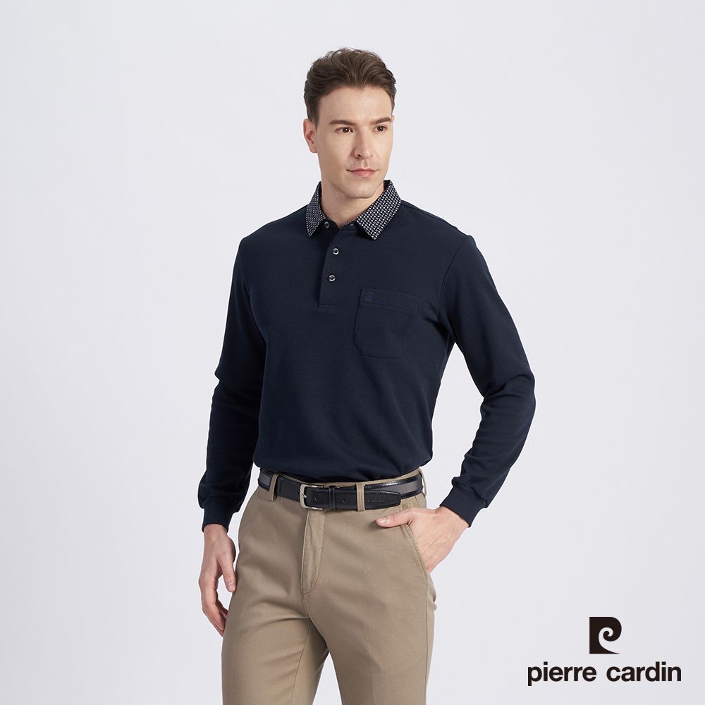 Pierre Cardin 皮爾卡登 男款 棉質混紡刷毛素色長袖POLO衫-丈青色 (5215270-39)