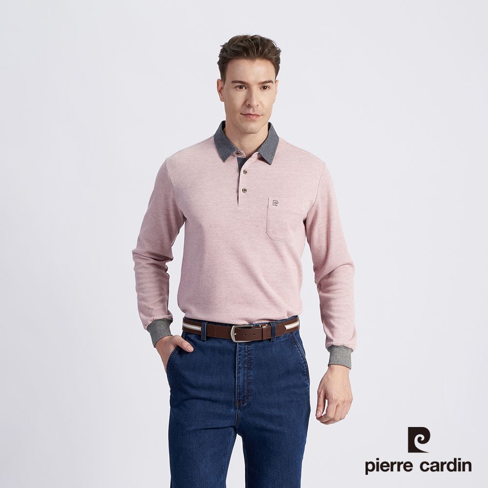 Pierre Cardin 皮爾卡登 男款 棉質混紡緹花刷毛長袖POLO衫-粉色 (5215272-75)