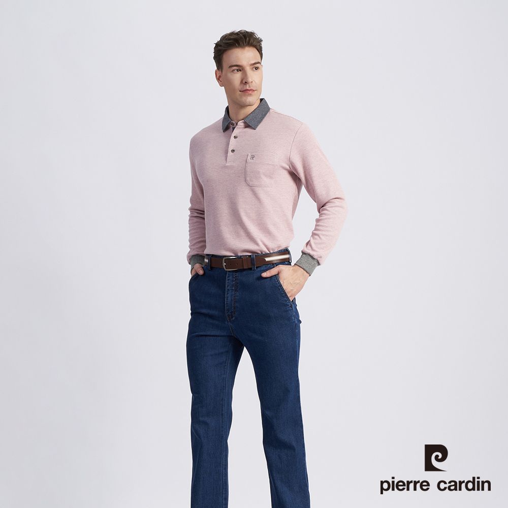 Pierre Cardin 皮爾卡登 男款 棉質混紡緹花刷毛長袖POLO衫-粉色 (5215272-75)