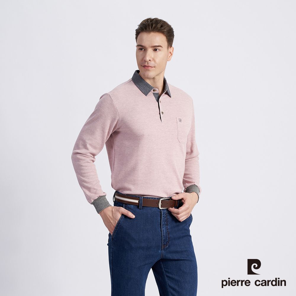 Pierre Cardin 皮爾卡登 男款 棉質混紡緹花刷毛長袖POLO衫-粉色 (5215272-75)