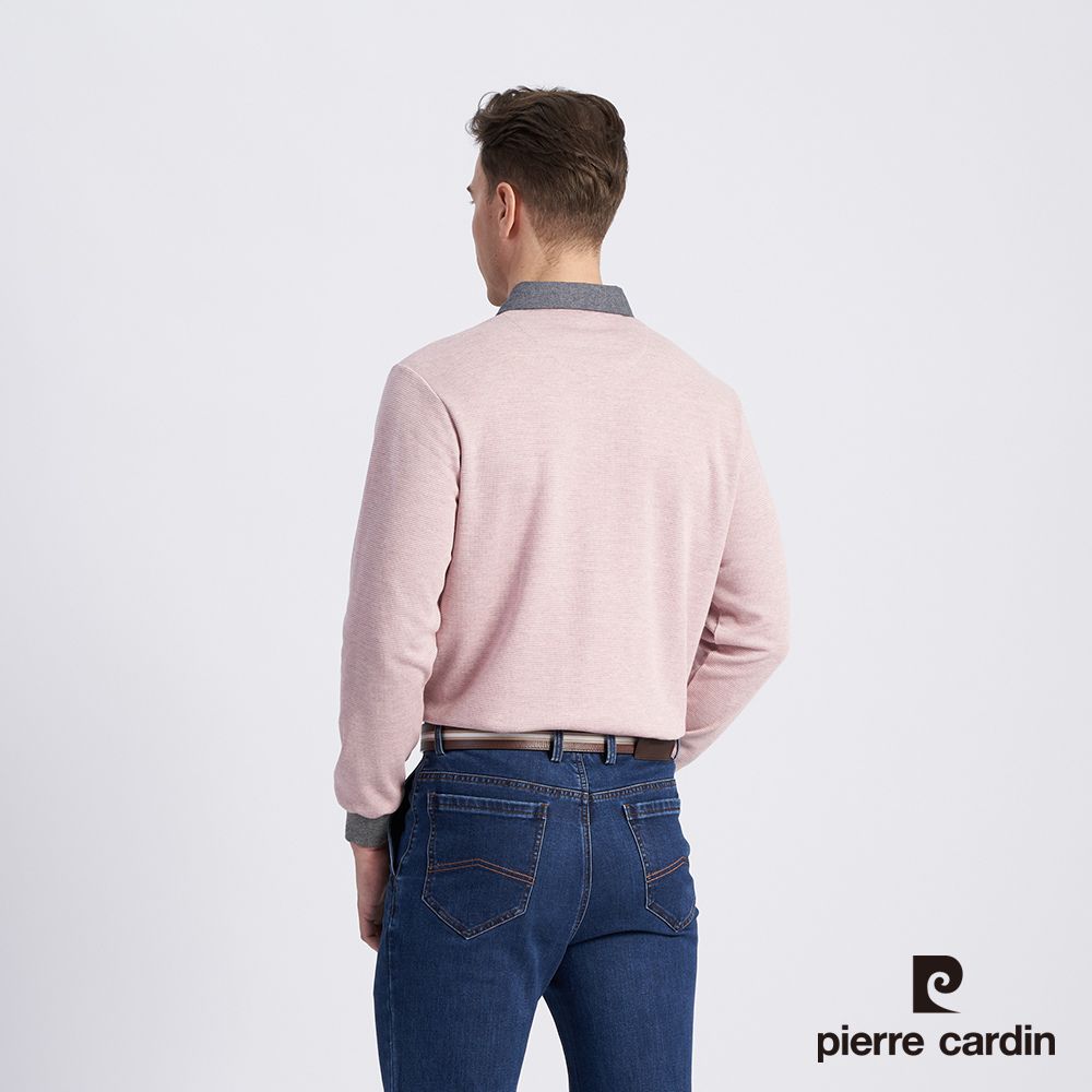 Pierre Cardin 皮爾卡登 男款 棉質混紡緹花刷毛長袖POLO衫-粉色 (5215272-75)