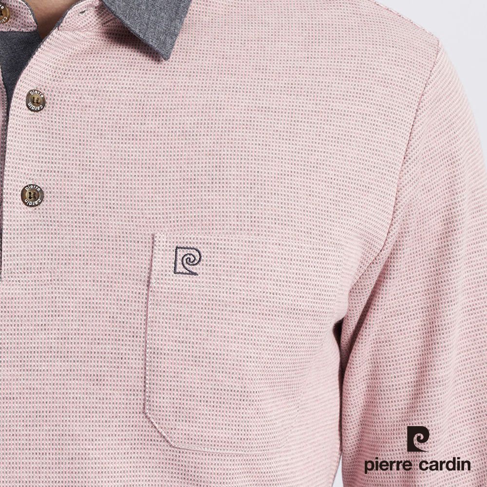 Pierre Cardin 皮爾卡登 男款 棉質混紡緹花刷毛長袖POLO衫-粉色 (5215272-75)