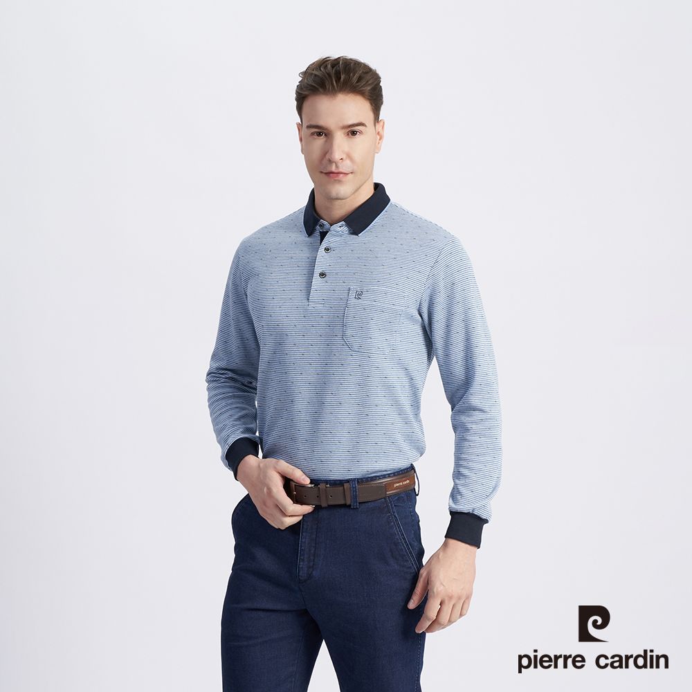 Pierre Cardin 皮爾卡登 男款 棉質混紡緹花刷毛長袖POLO衫-藍色 (5215273-35)