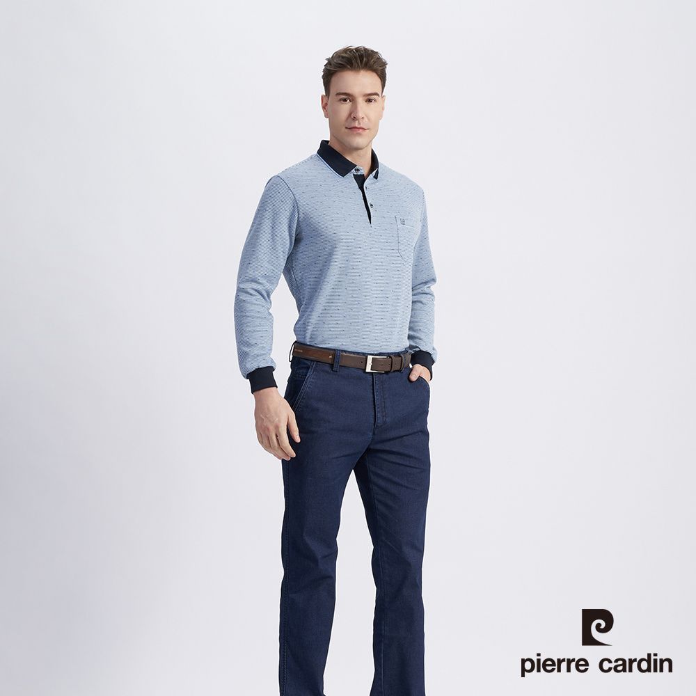 Pierre Cardin 皮爾卡登 男款 棉質混紡緹花刷毛長袖POLO衫-藍色 (5215273-35)