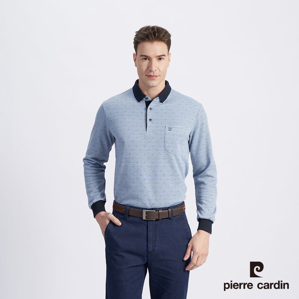 Pierre Cardin 皮爾卡登 男款 棉質混紡緹花刷毛長袖POLO衫-藍色 (5215273-35)