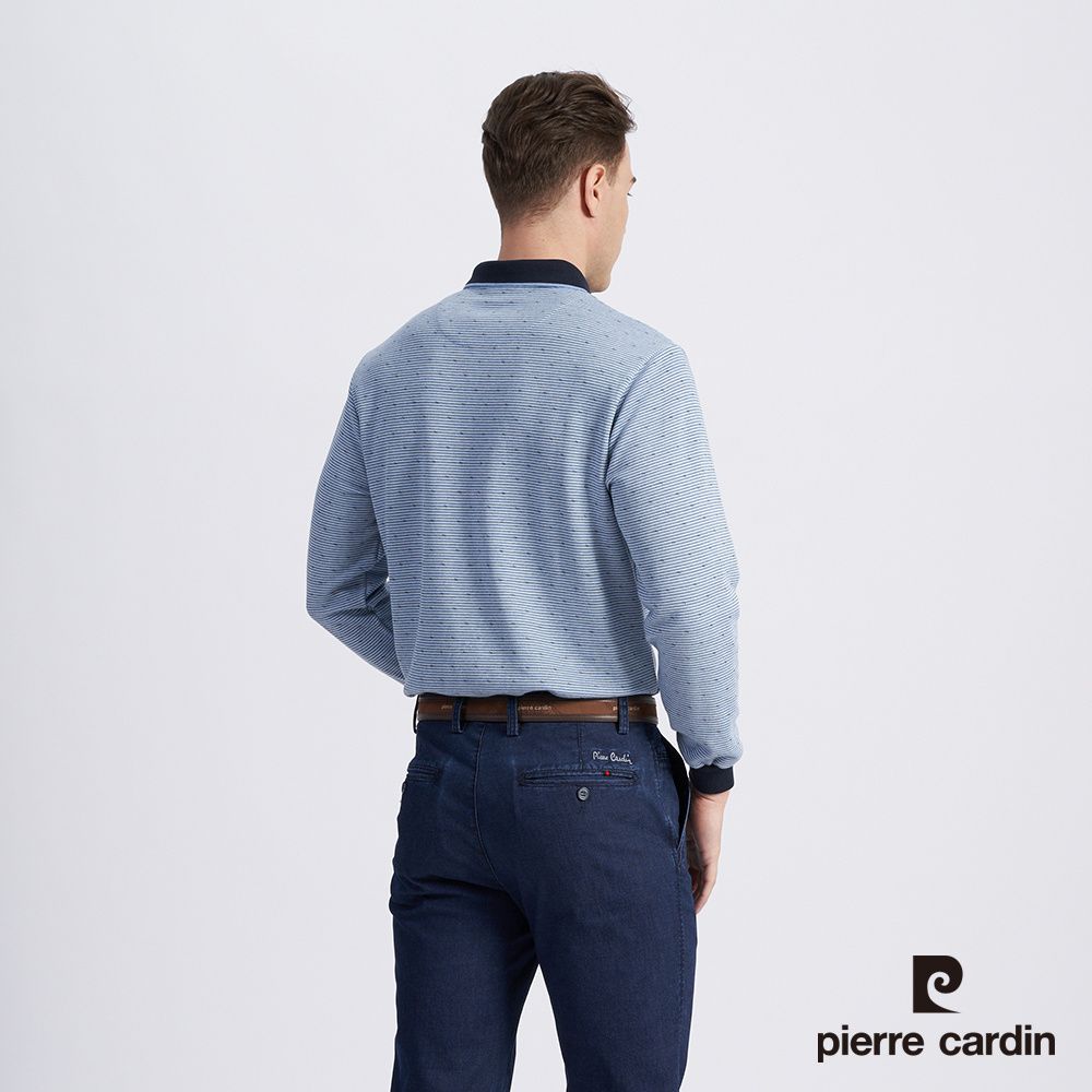 Pierre Cardin 皮爾卡登 男款 棉質混紡緹花刷毛長袖POLO衫-藍色 (5215273-35)