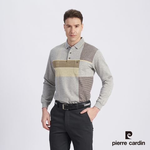 【pierre cardin 皮爾卡登】男款 棉質混紡大定位格緹花刷毛長袖POLO衫-灰色 (5215276-96)