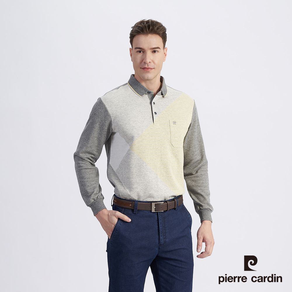 Pierre Cardin 皮爾卡登 男款 棉質混紡大定位斜格緹花刷毛長袖POLO衫-深灰色 (5215280-98)