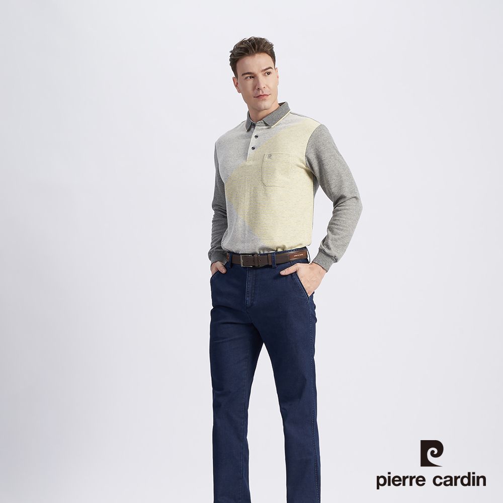 Pierre Cardin 皮爾卡登 男款 棉質混紡大定位斜格緹花刷毛長袖POLO衫-深灰色 (5215280-98)