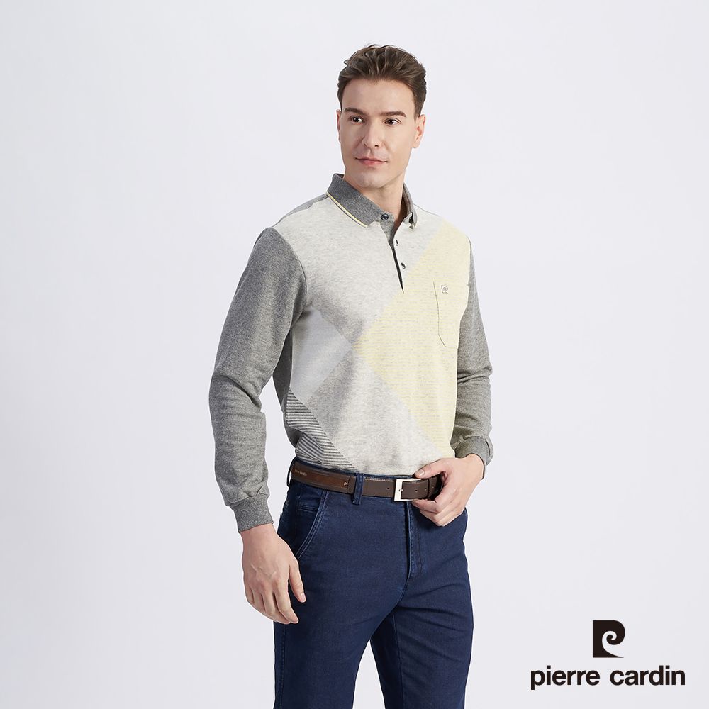 Pierre Cardin 皮爾卡登 男款 棉質混紡大定位斜格緹花刷毛長袖POLO衫-深灰色 (5215280-98)