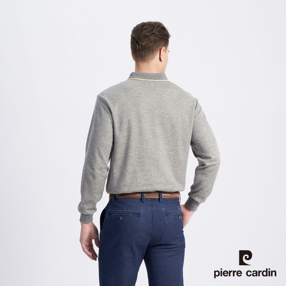 Pierre Cardin 皮爾卡登 男款 棉質混紡大定位斜格緹花刷毛長袖POLO衫-深灰色 (5215280-98)