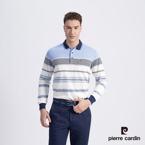 【pierre cardin 皮爾卡登】男款 棉質混紡定位橫條刷毛長袖POLO衫-水藍色 (5215281-36)