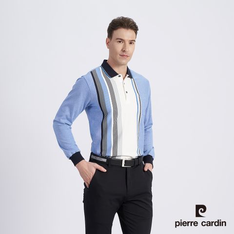 【pierre cardin 皮爾卡登】男款 棉質混紡定位直條刷毛長袖POLO衫-藍色 (5215284-36)