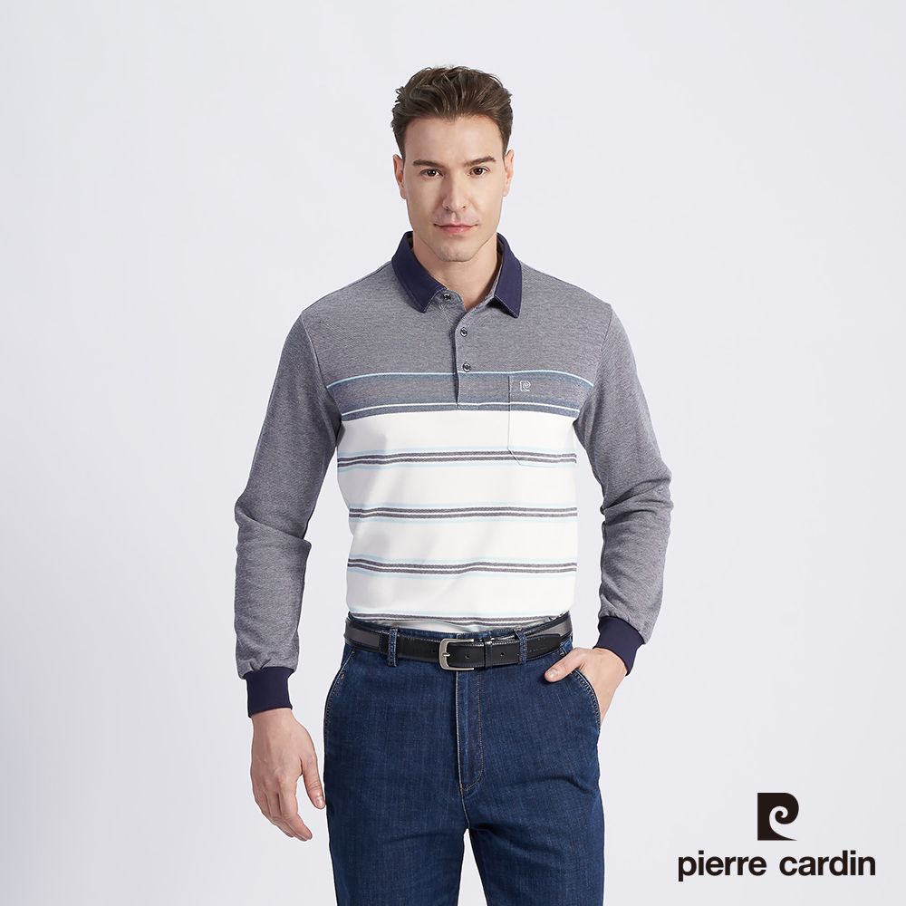 Pierre Cardin 皮爾卡登 男款 棉質混紡定位橫條刷毛長袖POLO衫-藍色 (5215285-36)