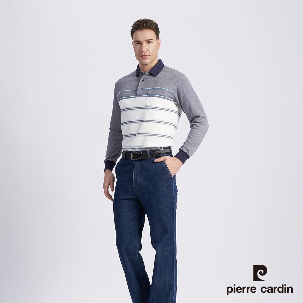 Pierre Cardin 皮爾卡登 男款 棉質混紡定位橫條刷毛長袖POLO衫-藍色 (5215285-36)