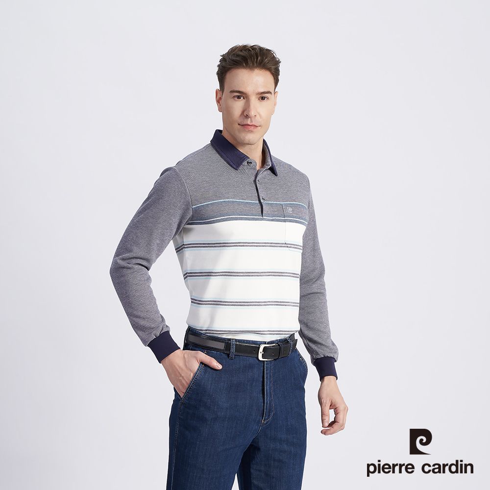 Pierre Cardin 皮爾卡登 男款 棉質混紡定位橫條刷毛長袖POLO衫-藍色 (5215285-36)