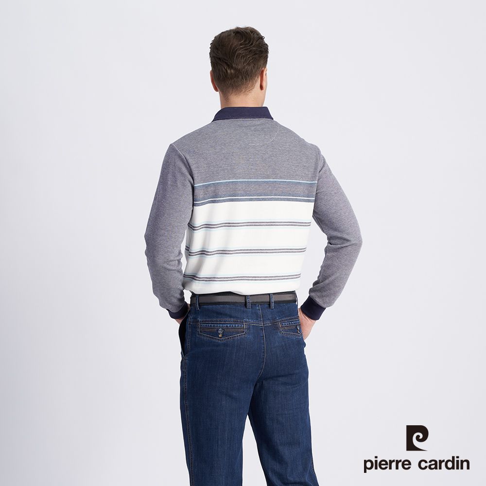 Pierre Cardin 皮爾卡登 男款 棉質混紡定位橫條刷毛長袖POLO衫-藍色 (5215285-36)