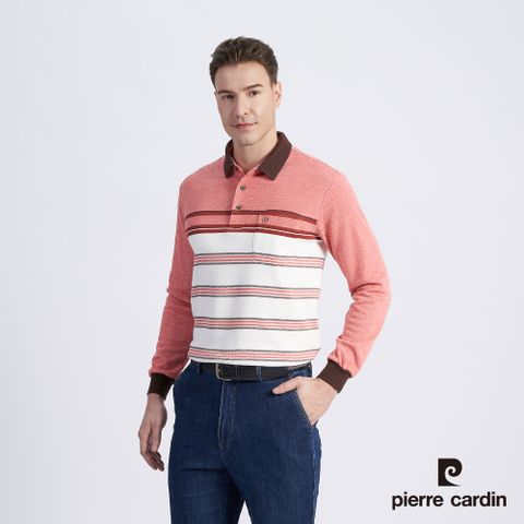 Pierre Cardin 皮爾卡登 男款 棉質混紡定位橫條刷毛長袖POLO衫-桔色 (5215285-65)