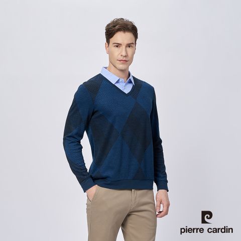 Pierre Cardin 皮爾卡登 男款人造棉混紡菱形格假兩件襯衫領刷毛長袖POLO衫-丈青色 (5215291-38)