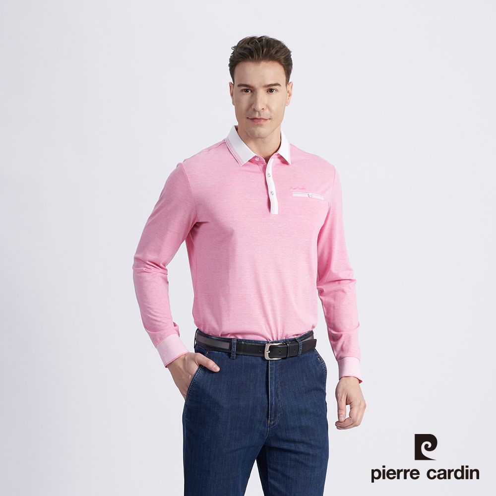 Pierre Cardin 皮爾卡登 男款 棉質混紡素色薄長袖POLO衫-粉色 (5215293-75)