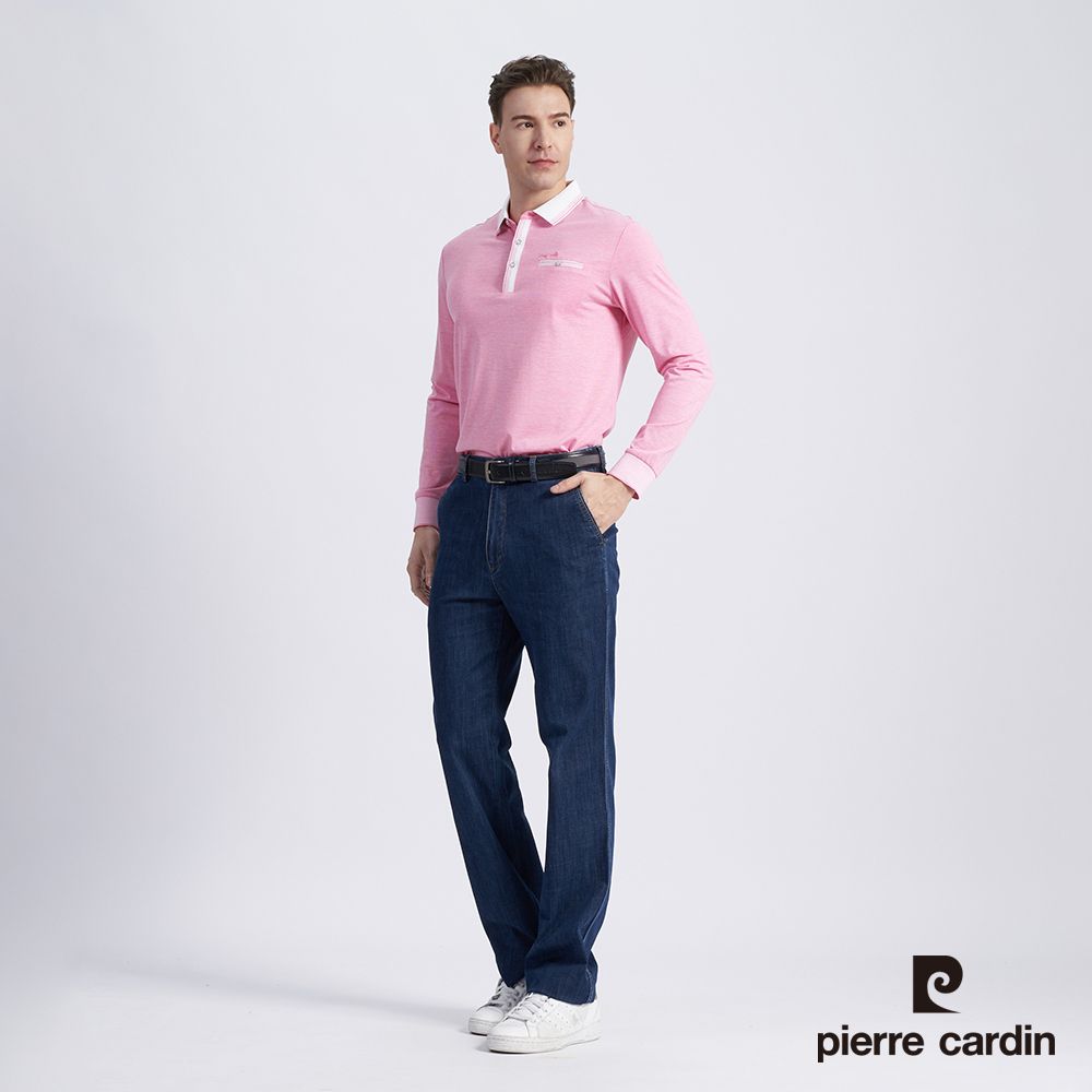 Pierre Cardin 皮爾卡登 男款 棉質混紡素色薄長袖POLO衫-粉色 (5215293-75)