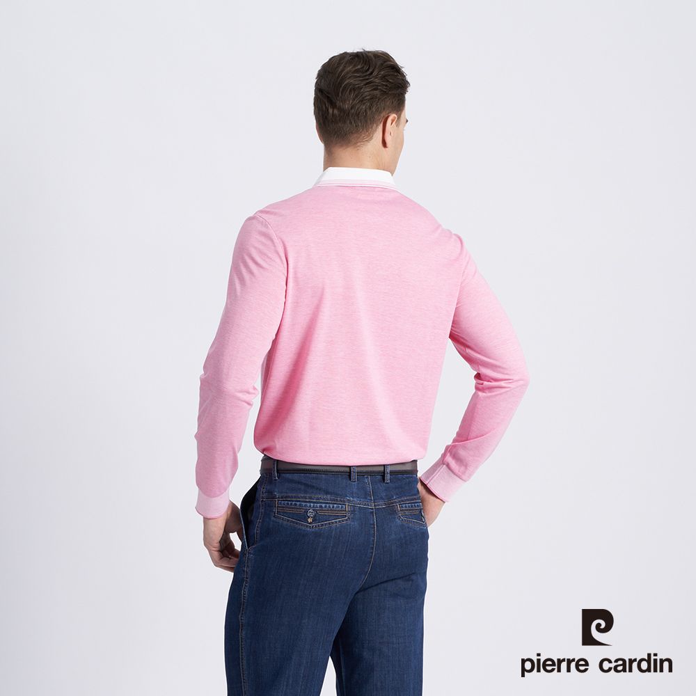 Pierre Cardin 皮爾卡登 男款 棉質混紡素色薄長袖POLO衫-粉色 (5215293-75)