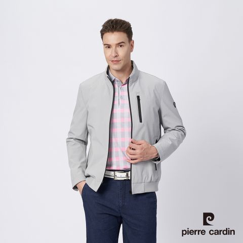 【pierre cardin 皮爾卡登】男款 時尚印條休閒薄夾克-灰色 (5215661-95)