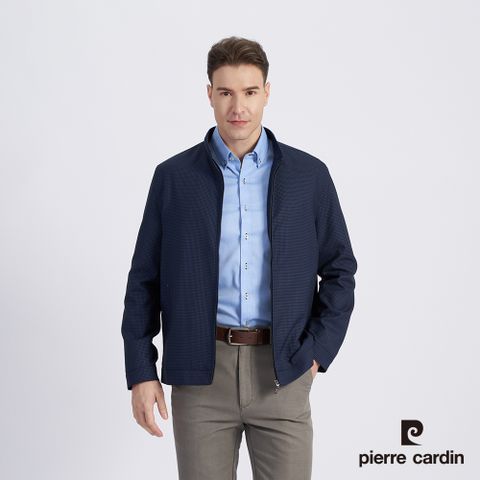 Pierre Cardin 皮爾卡登 男款 都會休閒立領格紋薄夾克外套-深藍色 (5215669-38)