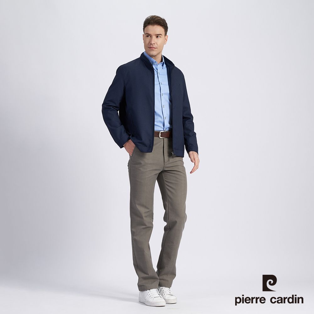 Pierre Cardin 皮爾卡登 男款 都會休閒立領格紋薄夾克外套-深藍色 (5215669-38)