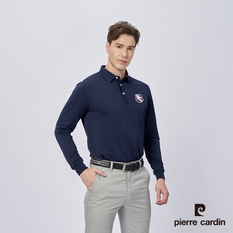 Pierre Cardin 皮爾卡登 男款 直條印花襯衫領薄長袖polo衫-藍色 (5215201-38)